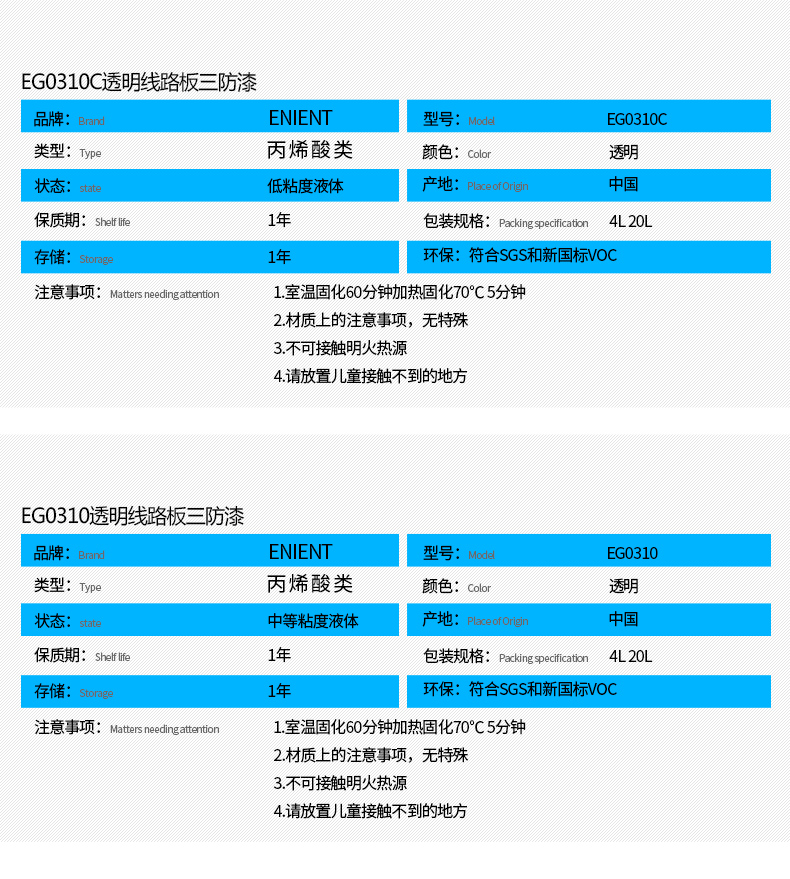 EG0310透明線路板三防漆具有優(yōu)異的防水、防潮、防塵、絕緣性能，同時耐冷熱沖擊、耐老化、耐輻射、耐鹽霧、耐腐蝕、耐振動、耐電弧，柔韌性、附著力等性能良好，帶熒光指示，可檢查噴涂是否到位。